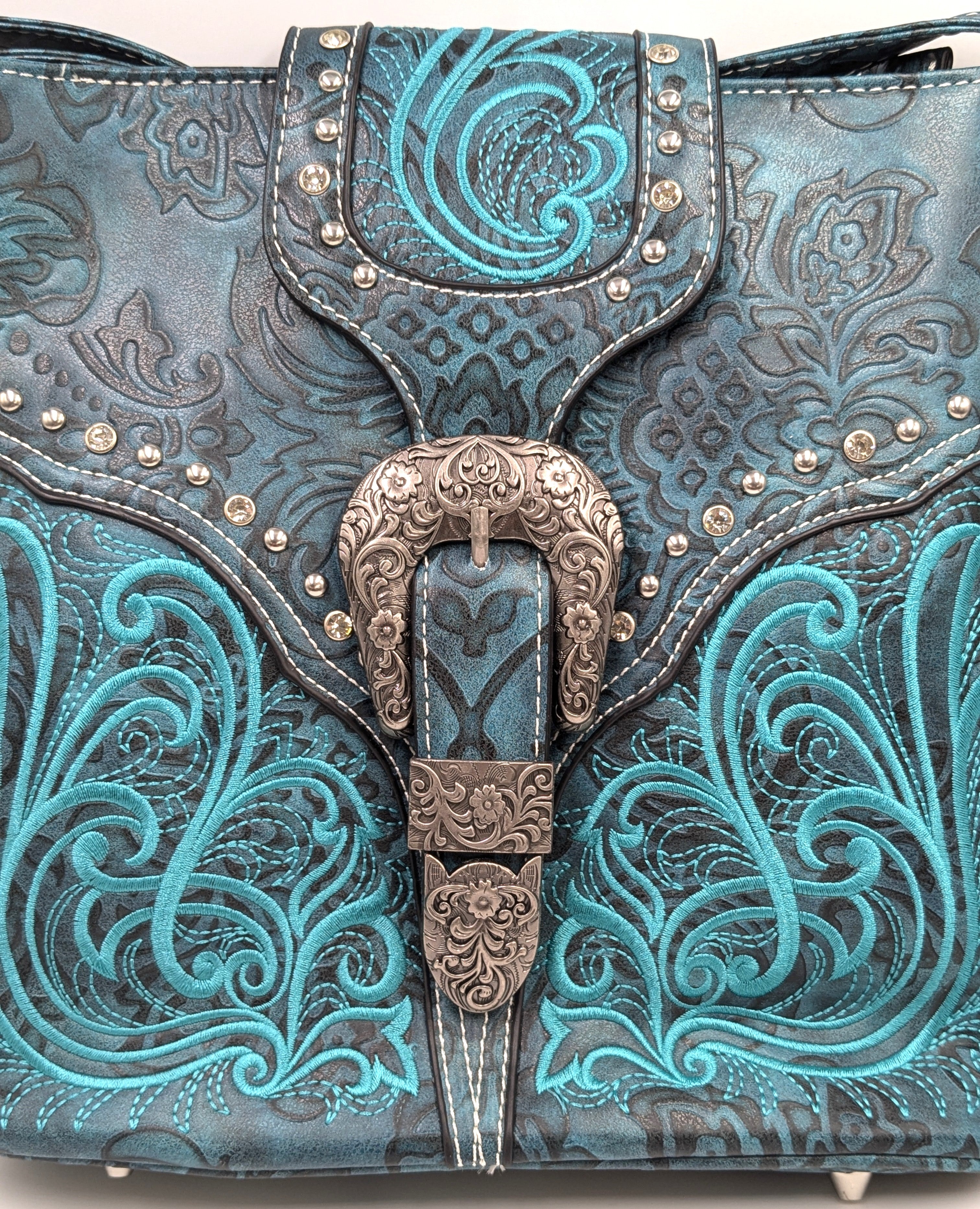 Montana Twist Teal Embroidered w/ Rhinestone Accents Concealed Carry Handbag