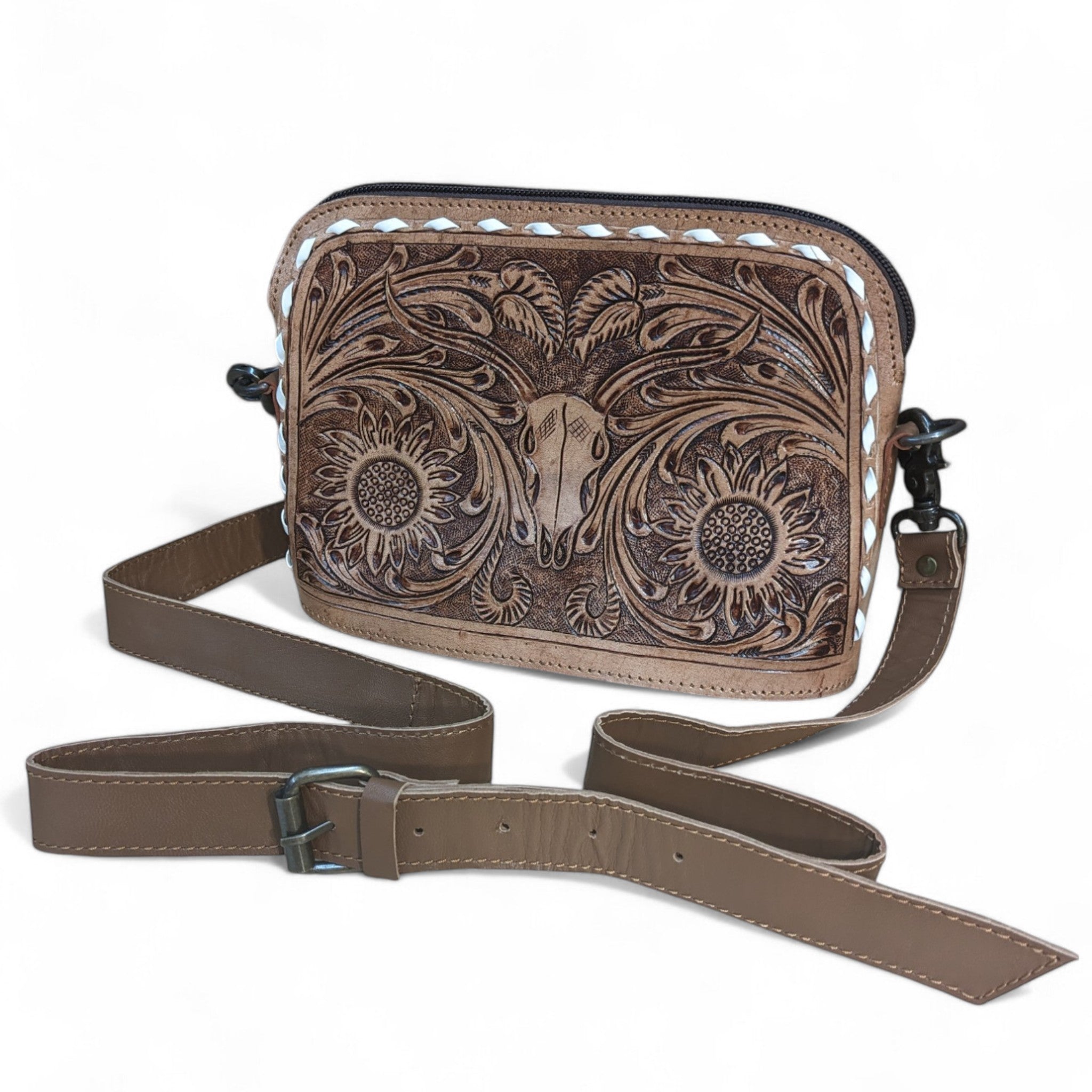 Montana Twist Genuine Leather Tooled Handbag - Brown
