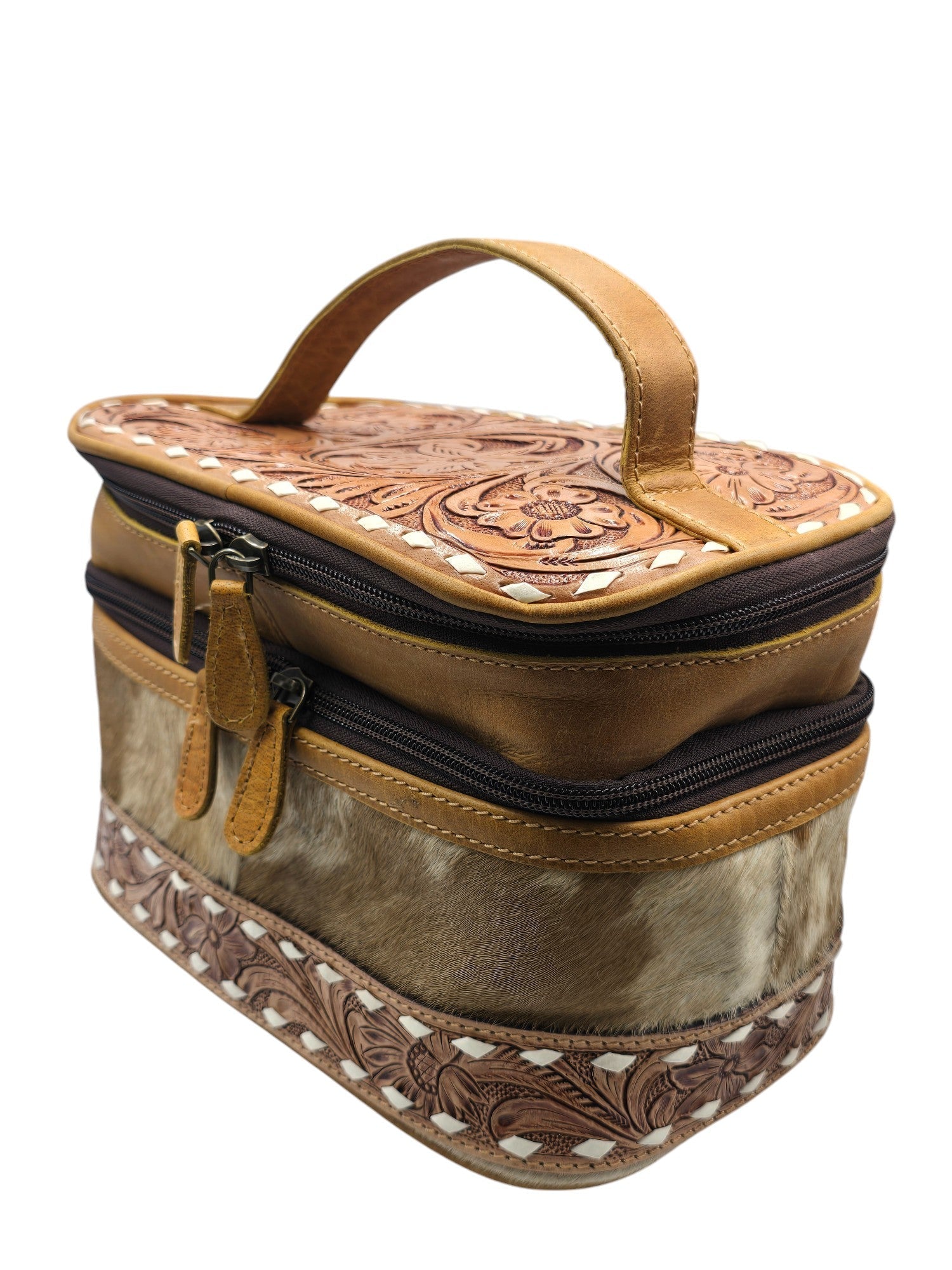 Montana Twist Genuine Leather Cowhide Makeup Bag - Saddle Brown