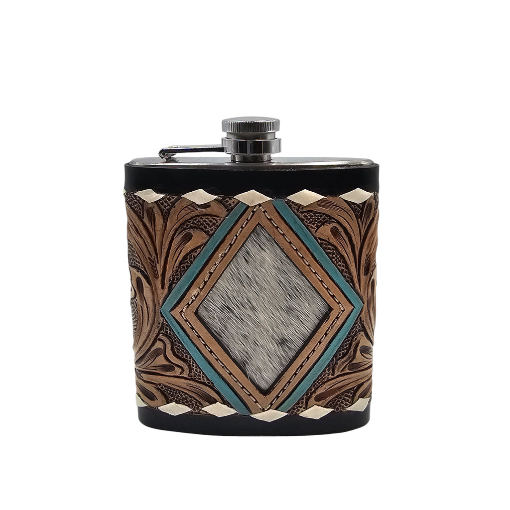 Montana Twist Genuine Leather Embossed Leather-Wrapped 7oz Flask - Black