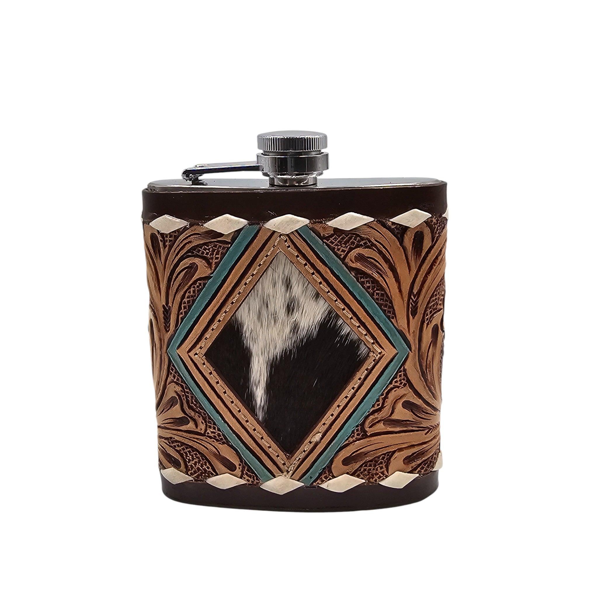 Montana Twist Genuine Leather Embossed Leather-Wrapped 7oz Flask - Brown