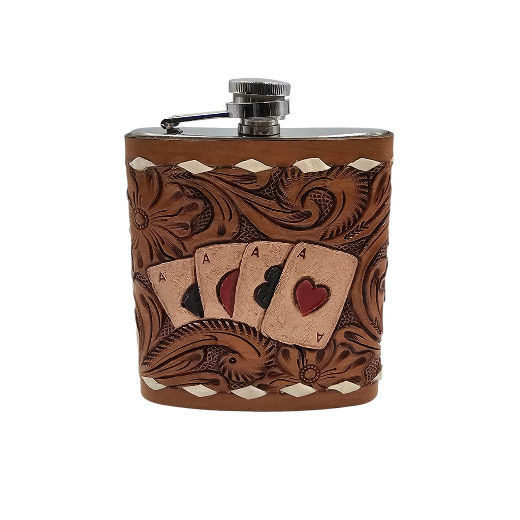 Montana Twist Genuine Leather Embossed Leather-Wrapped 7oz Flask - Aces