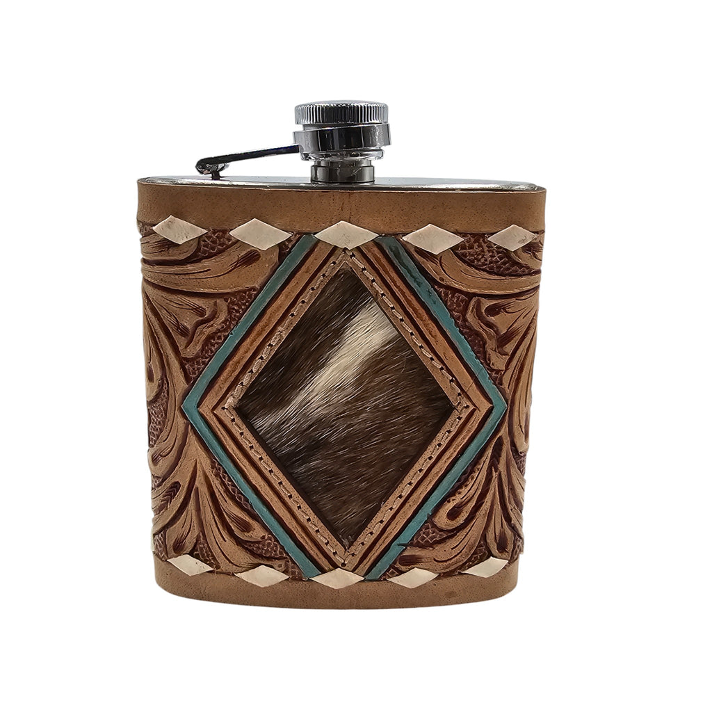 Montana Twist Genuine Leather Embossed Leather-Wrapped 7oz Flask - Tan