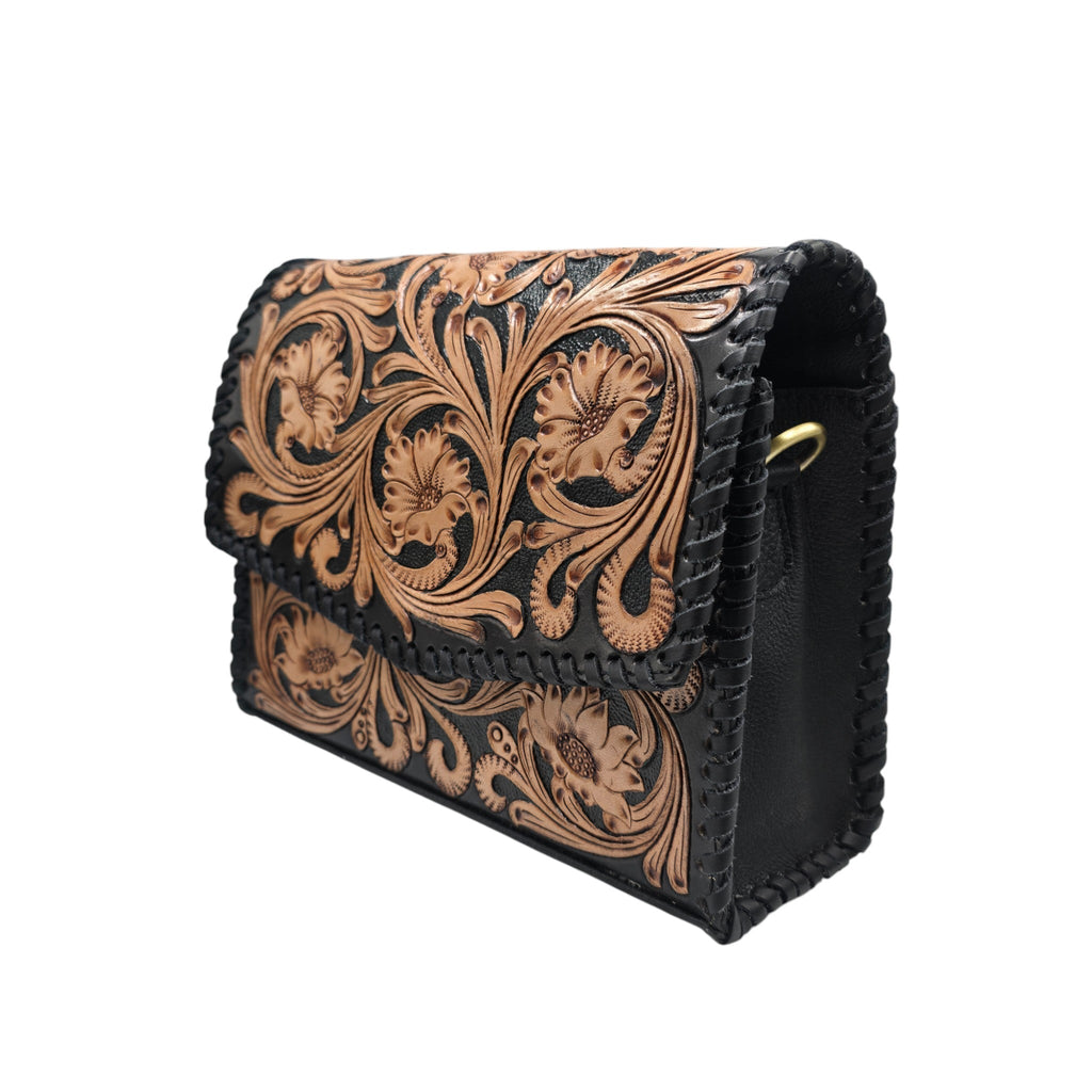 Montana Twist Genuine Leather Floral Handbag - Coffee