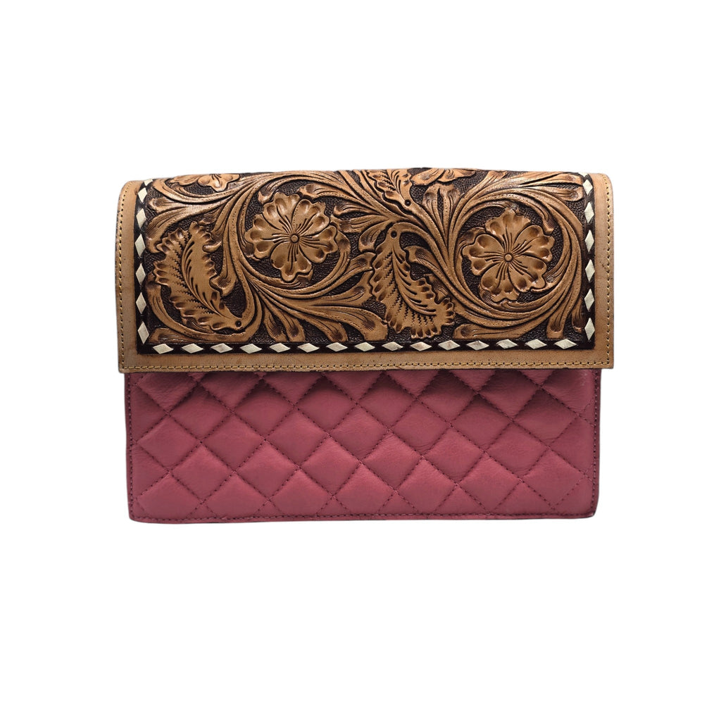 Montana Twist Genuine Leather Handbag w/ Floral Flap - Pink
