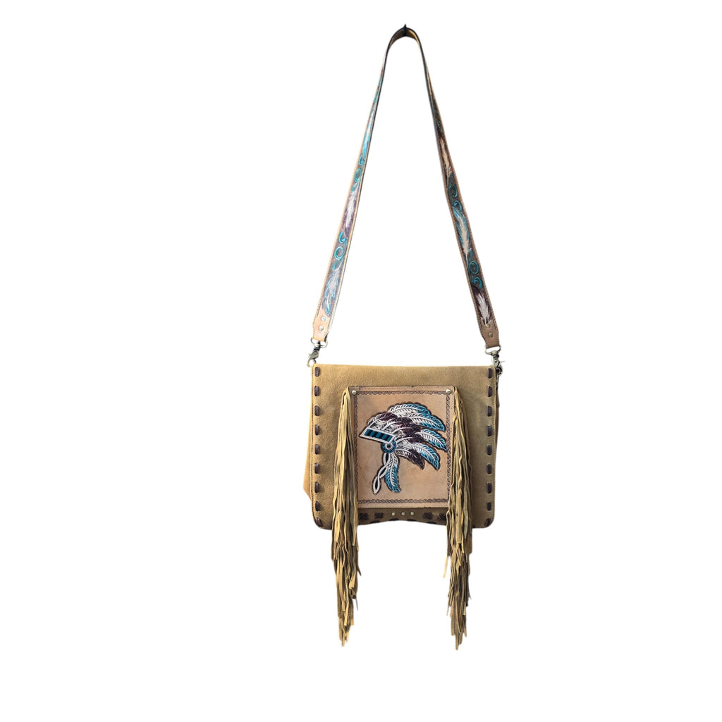 Montana Twist Genuine Leather Handbag w/ Native Headdress