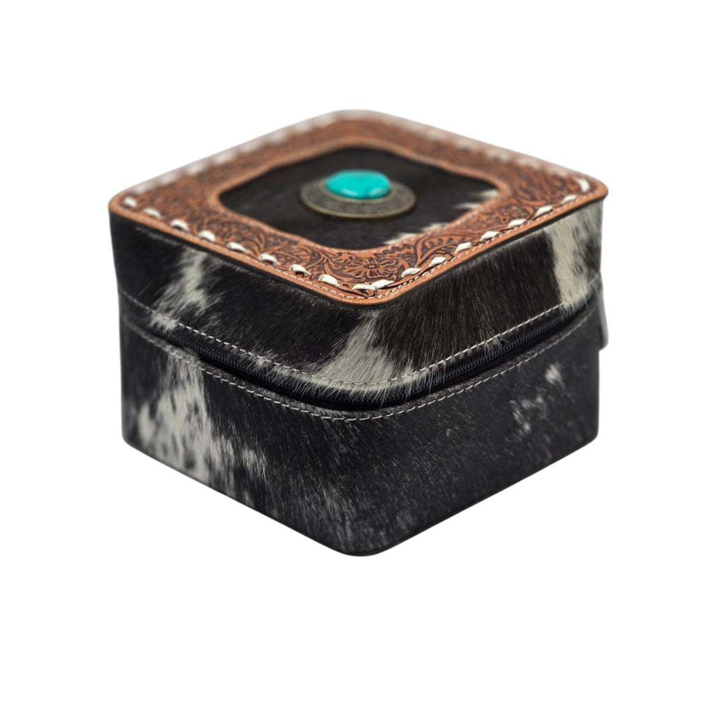 Montana Twist Genuine Leather Large Cowhide Jewelry Box - Turquoise Stone