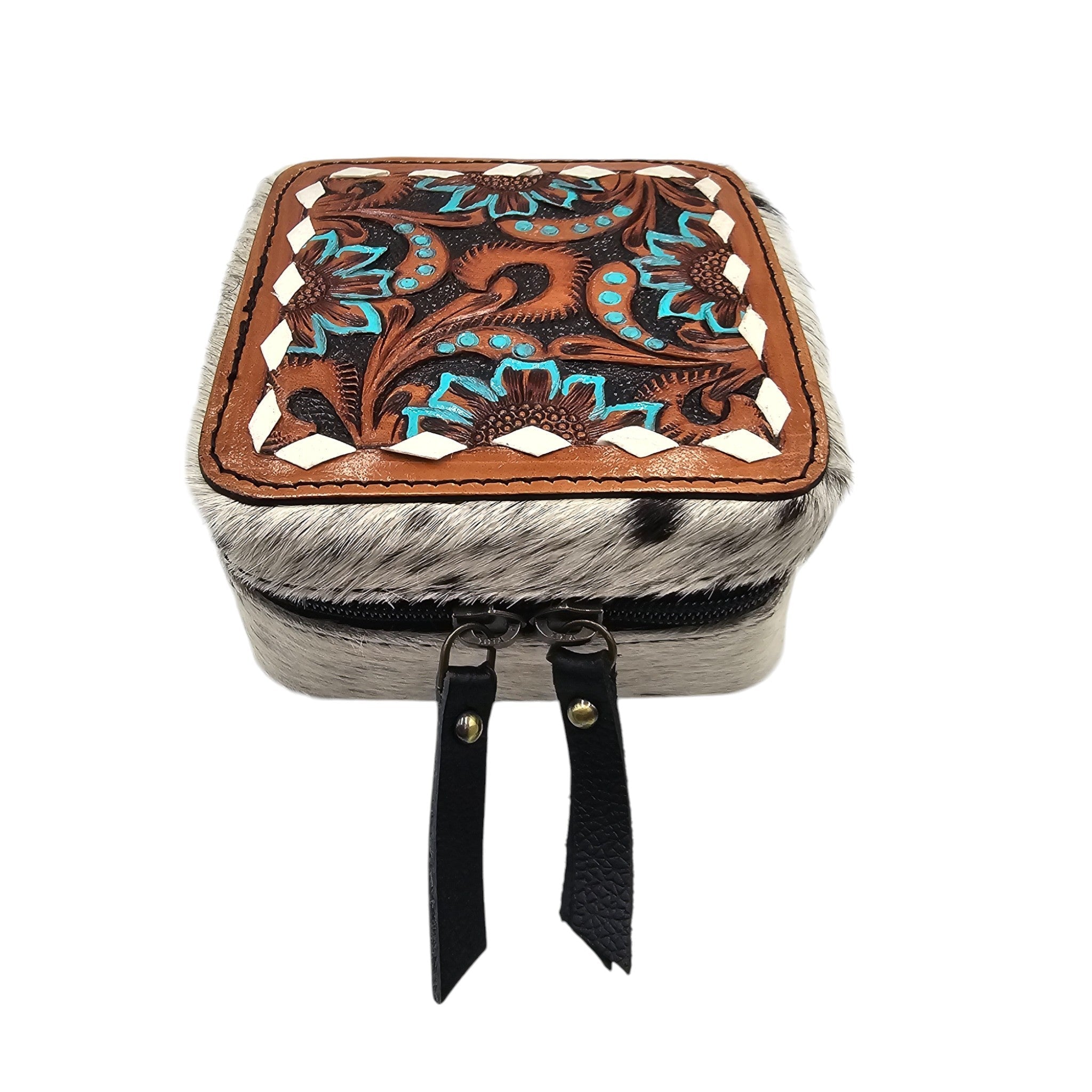 Montana Twist Genuine Leather Embossed Jewelry Case - Turquoise Flower