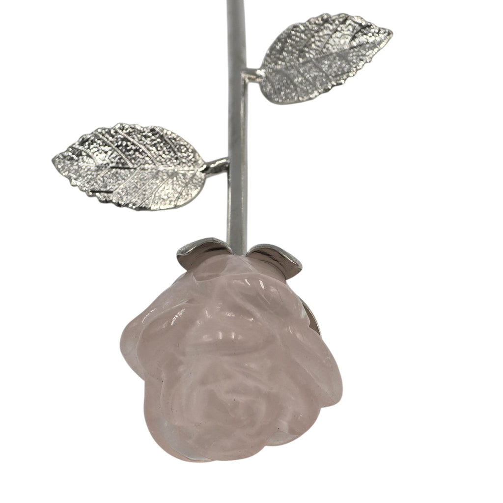 Rose Quartz Long Stem Rose with Metal Stem and Leaves
