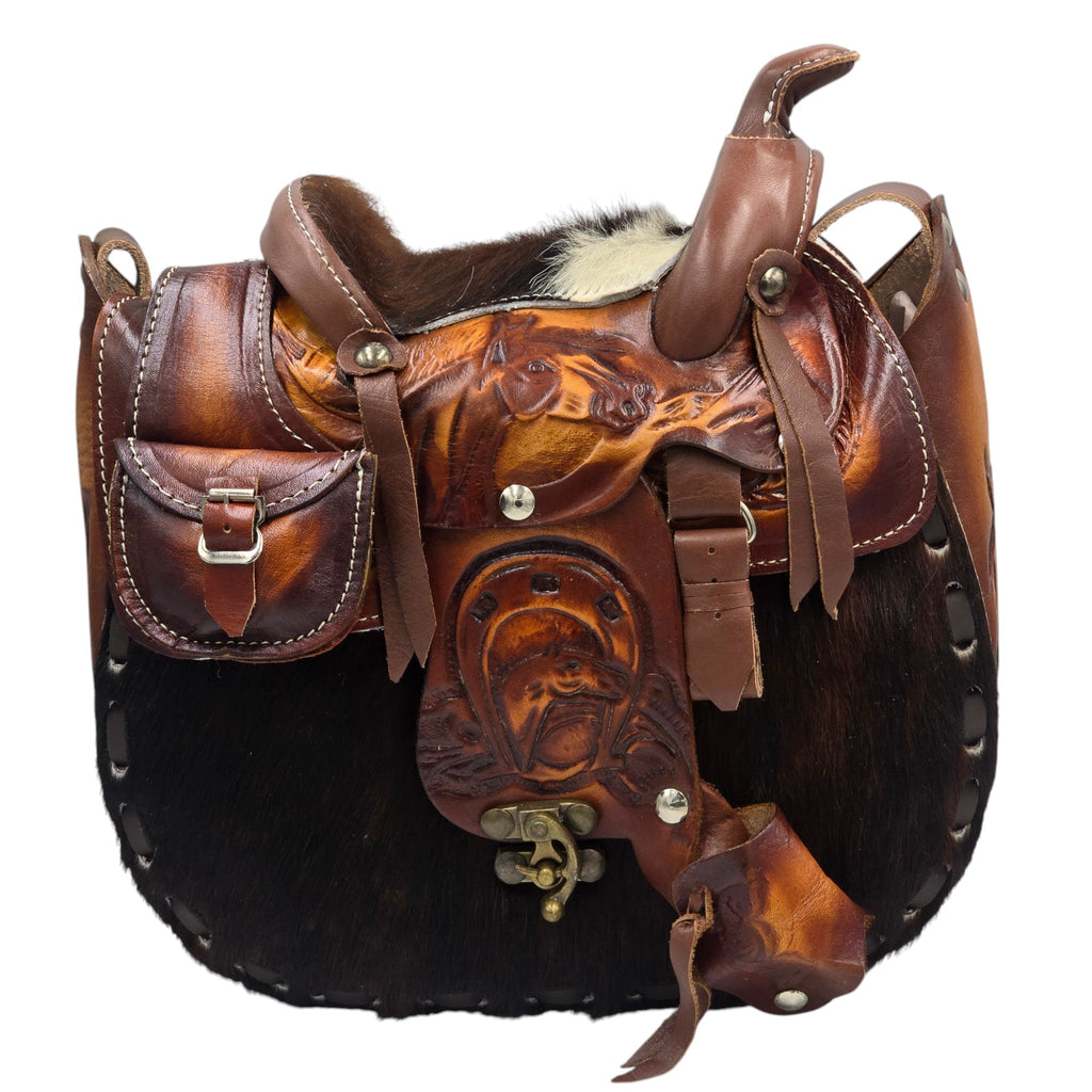 Genuine Leather Brown/White Hair-on Western Saddle Handbag w/embossed Western Scene