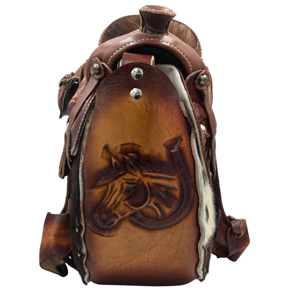 Genuine Leather Brown/White Hair-on Western Saddle Handbag w/embossed Western Scene