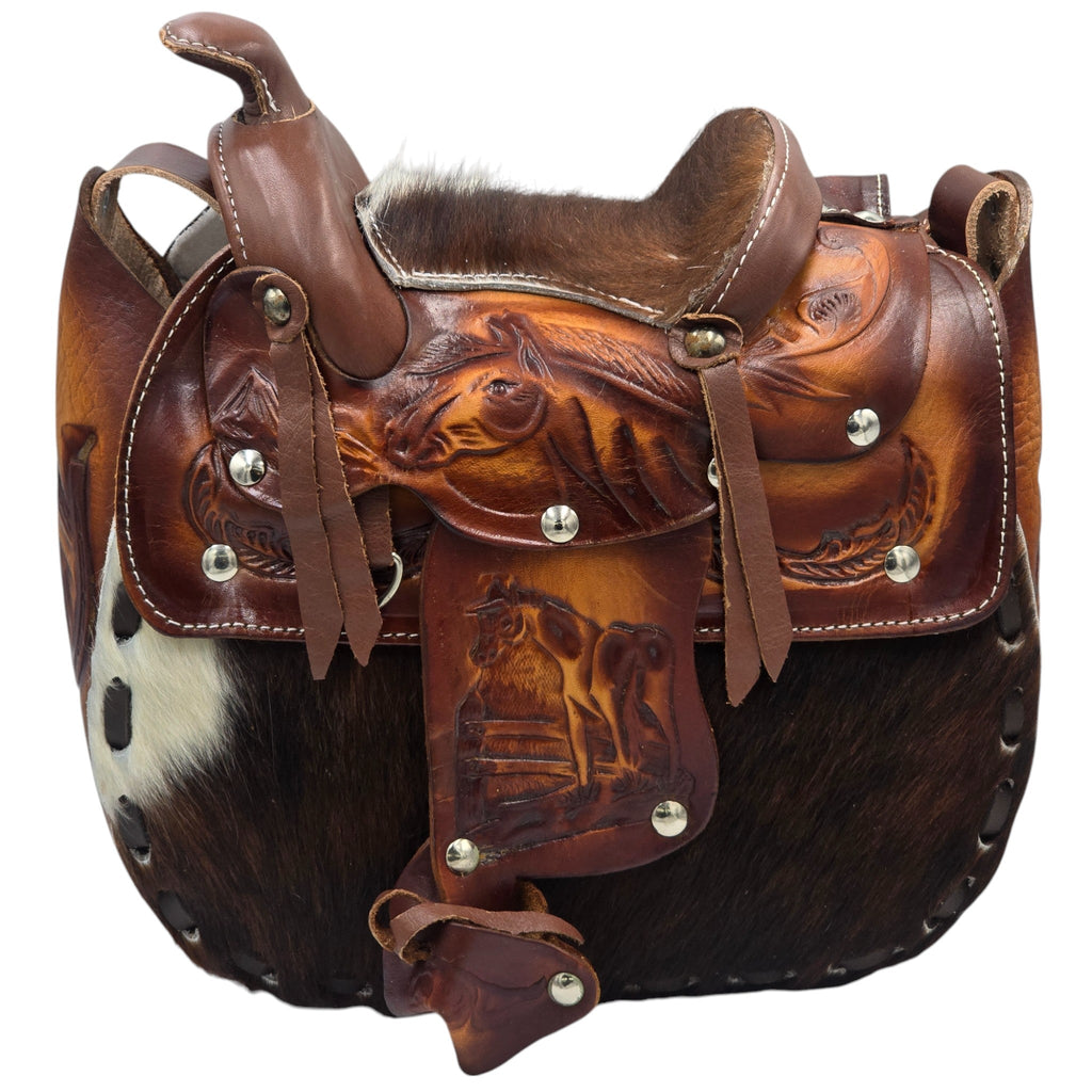 Genuine Leather Brown/White Hair-on Western Saddle Handbag w/embossed Western Scene