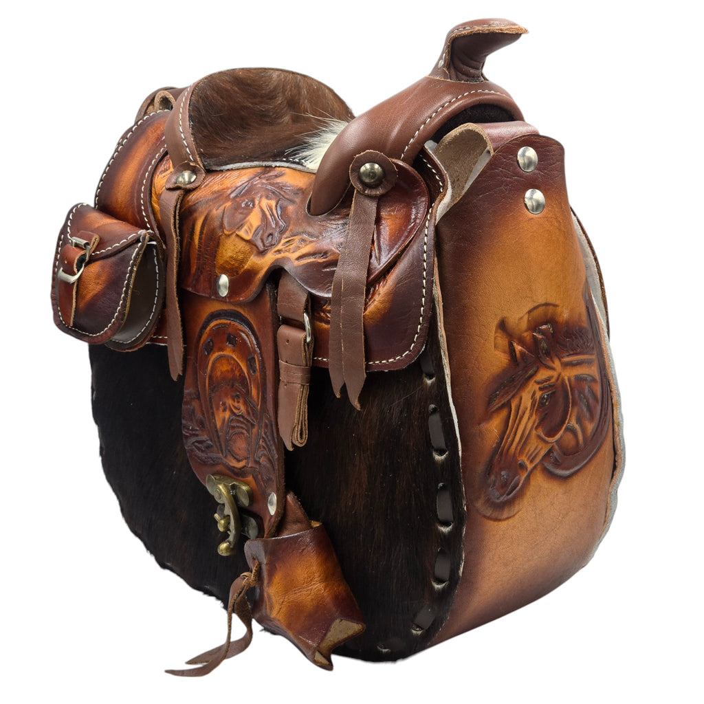 Genuine Leather Brown/White Hair-on Western Saddle Handbag w/embossed Western Scene