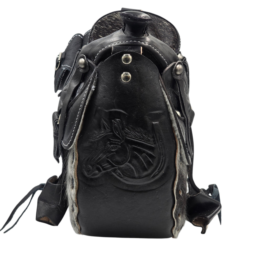 Genuine Leather Black/White Hair-on Western Saddle Handbag w/embossed Western Scene