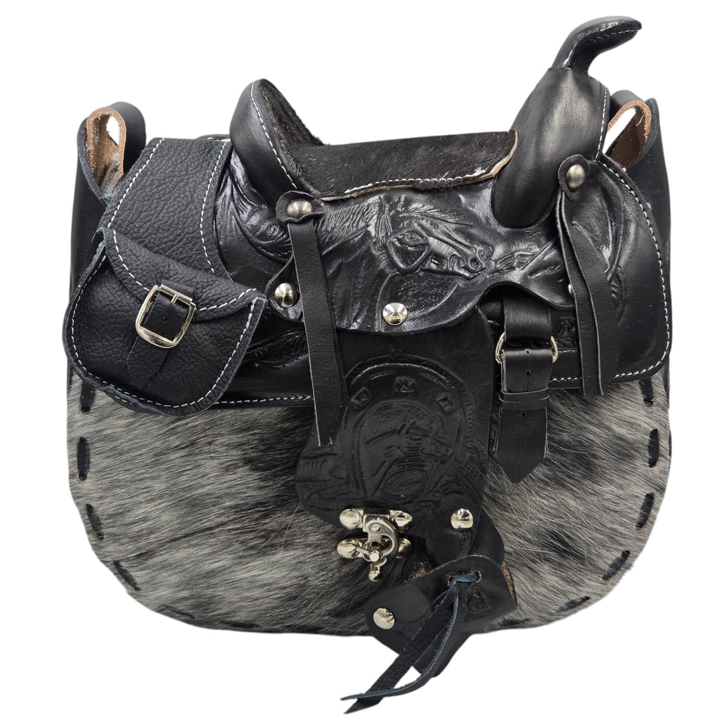 Genuine Leather Black/White Hair-on Western Saddle Handbag w/embossed Western Scene