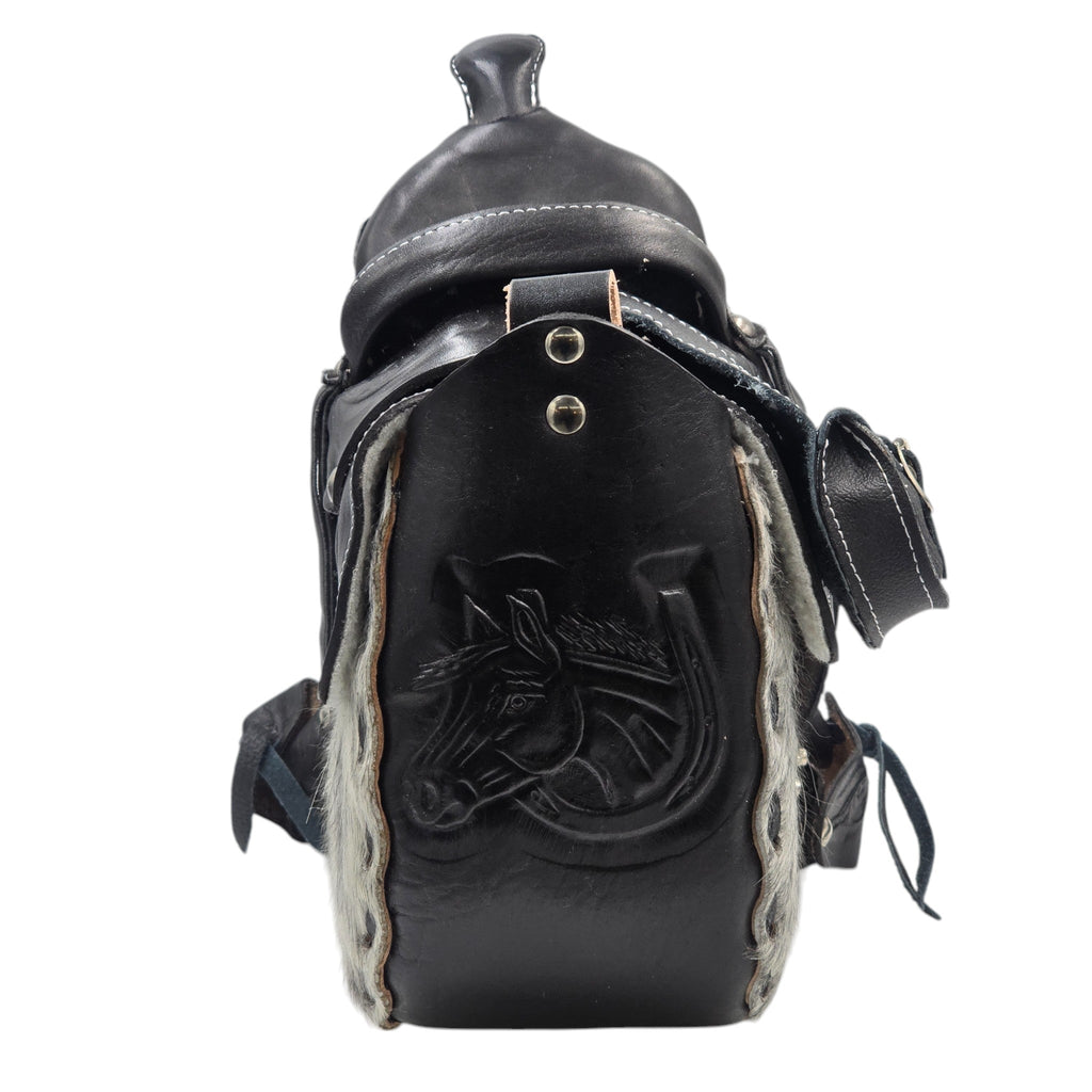 Genuine Leather Black/White Hair-on Western Saddle Handbag w/embossed Western Scene