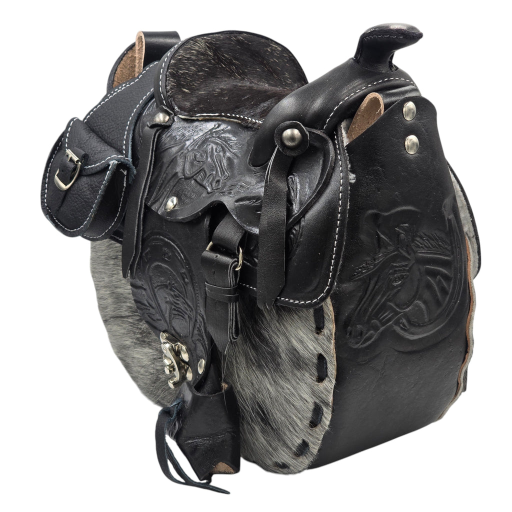 Genuine Leather Black/White Hair-on Western Saddle Handbag w/embossed Western Scene