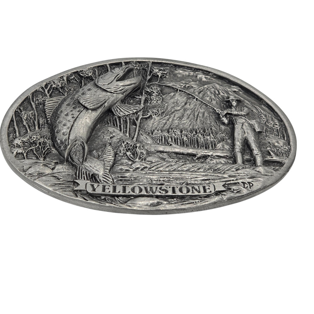 Pewter Yellowstone Trout & Fisherman Scene Belt Buckle #5896