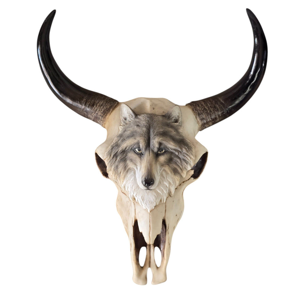Cast Resin Buffalo Skull with Adorned, Painted Wolf Head Wall Hanging.