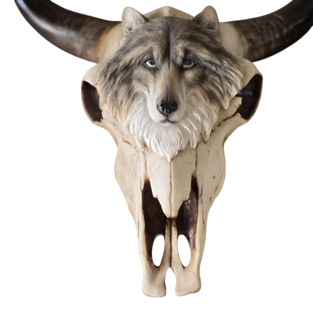 Cast Resin Buffalo Skull with Adorned, Painted Wolf Head Wall Hanging.
