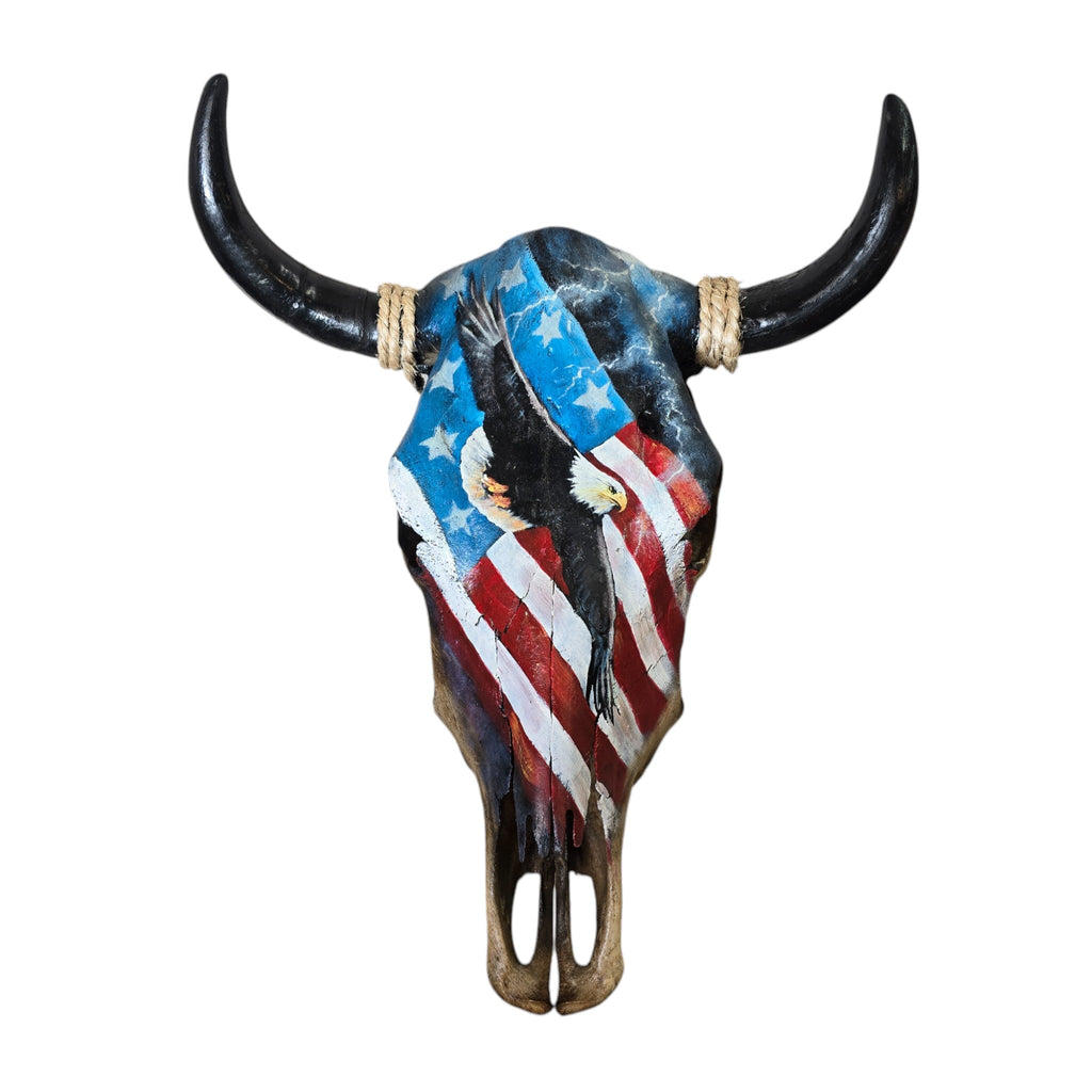 American Pride; Hand Painted Cow Skull Featuring a Soaring Eagle and American Flag