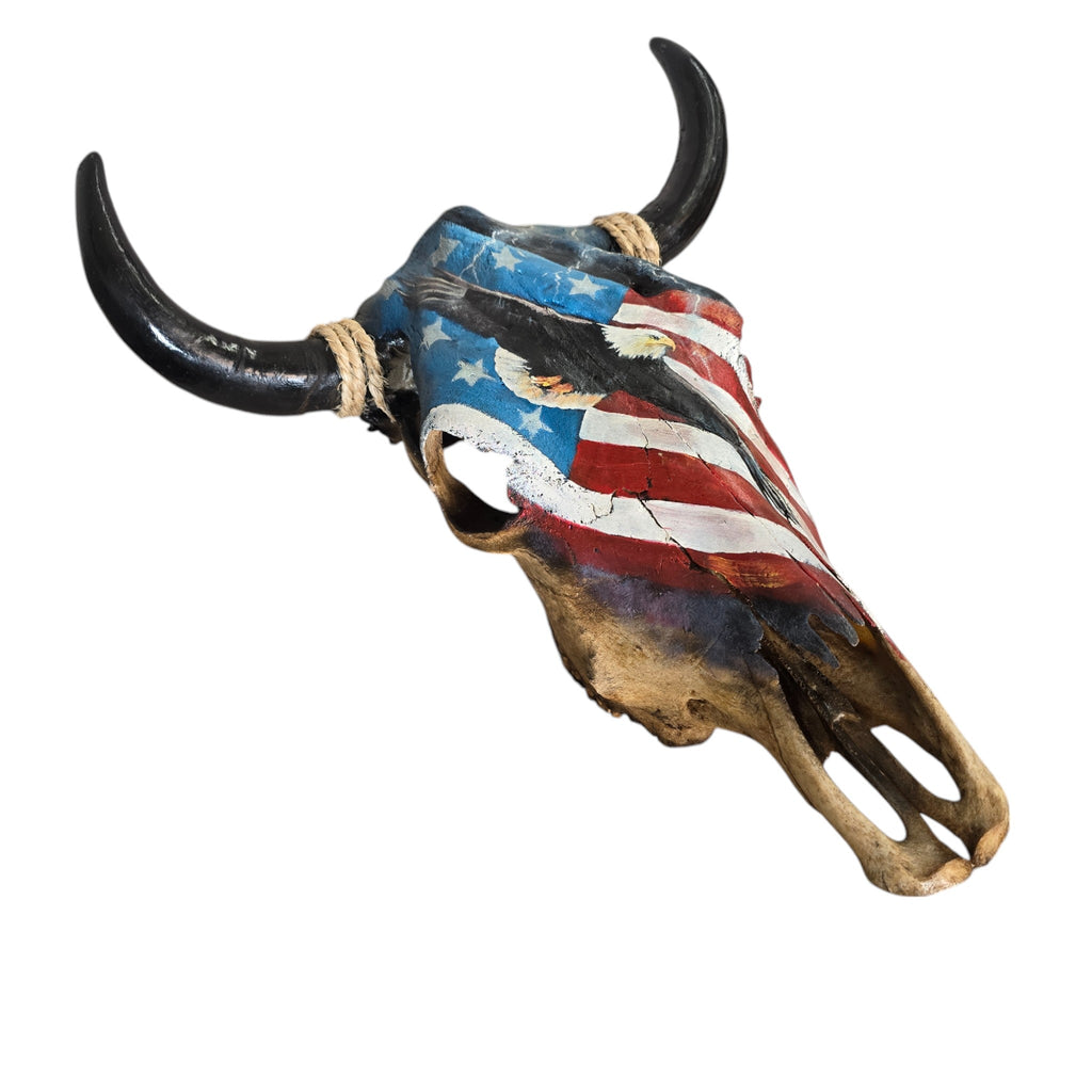 American Pride; Hand Painted Cow Skull Featuring a Soaring Eagle and American Flag