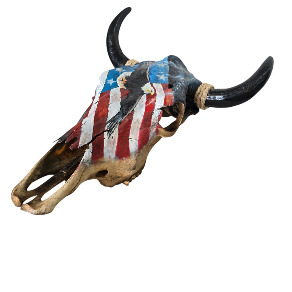 American Pride; Hand Painted Cow Skull Featuring a Soaring Eagle and American Flag