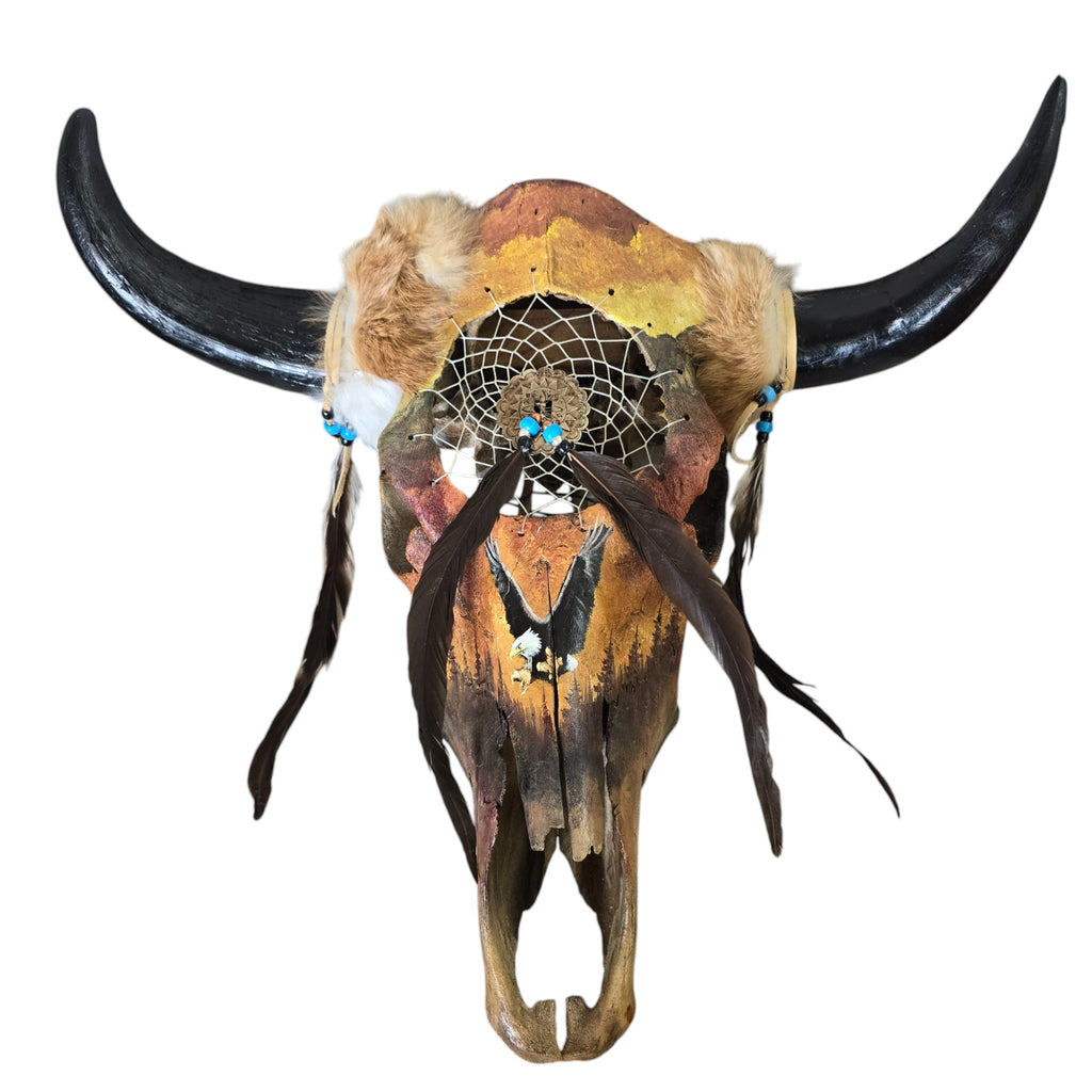 Catching Dreams; Hand Painted Cow Skull Featuring an Interwoven Dream Catcher and Eagle