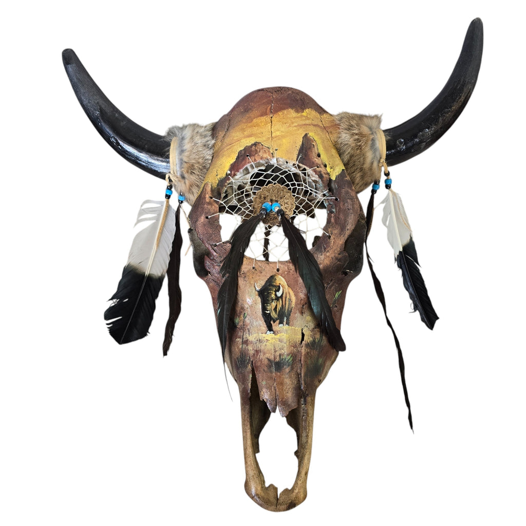 Dreams of the Bison; Hand Painted Cow Skull Featuring a Bull Buffalo and Interwoven Dream Catcher