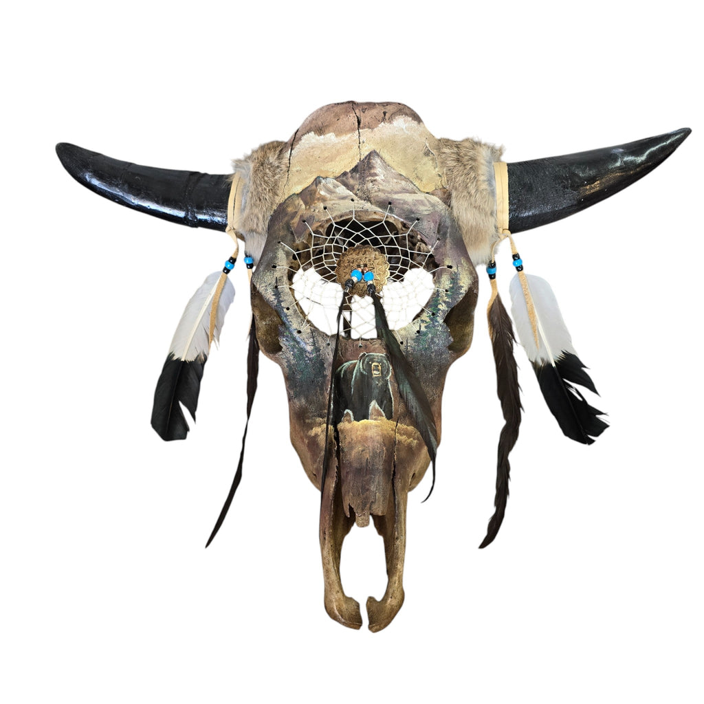The Spirit of the Bear; Hand Painted Cow Skull Featuring a Bear and Interwoven Dream Catcher