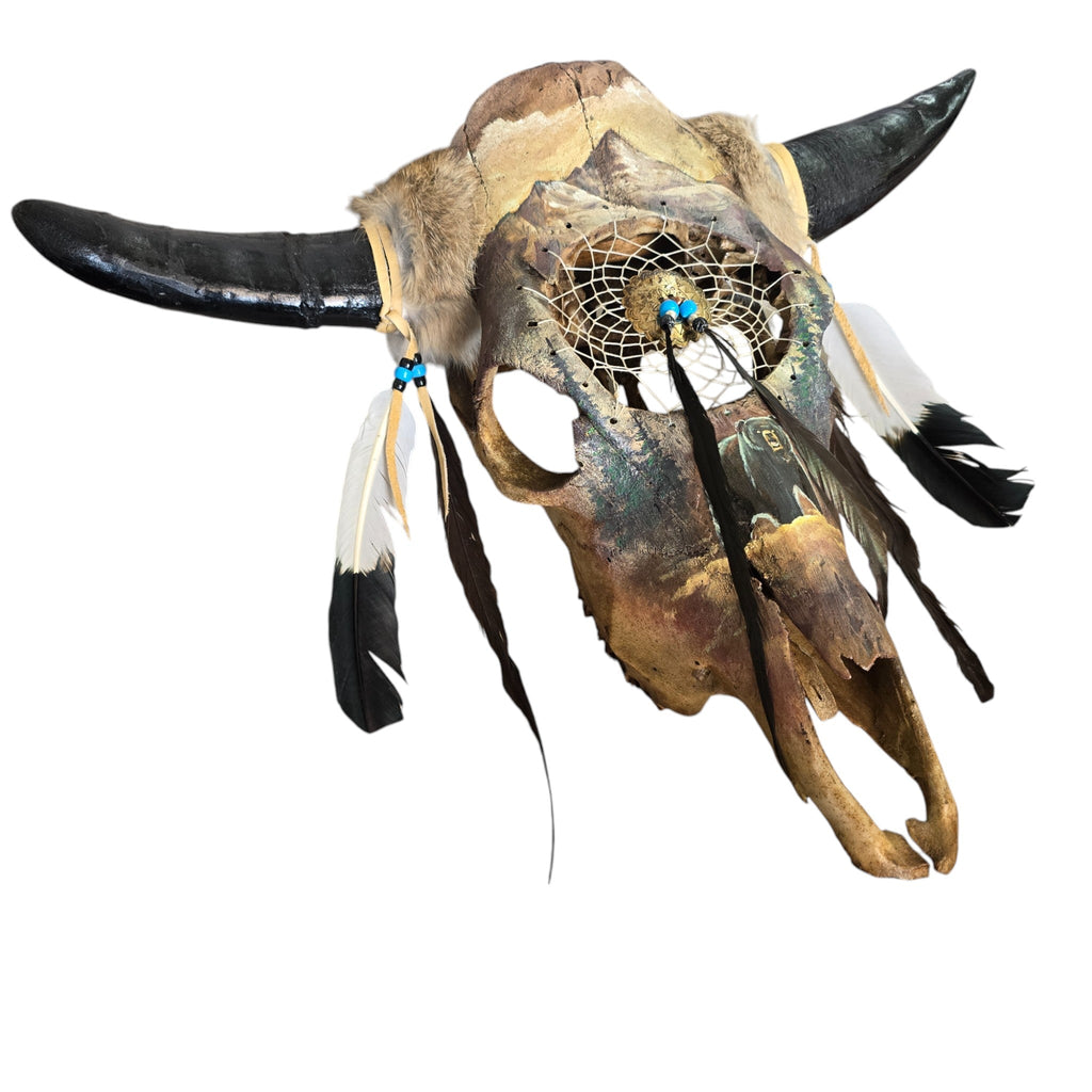 The Spirit of the Bear; Hand Painted Cow Skull Featuring a Bear and Interwoven Dream Catcher