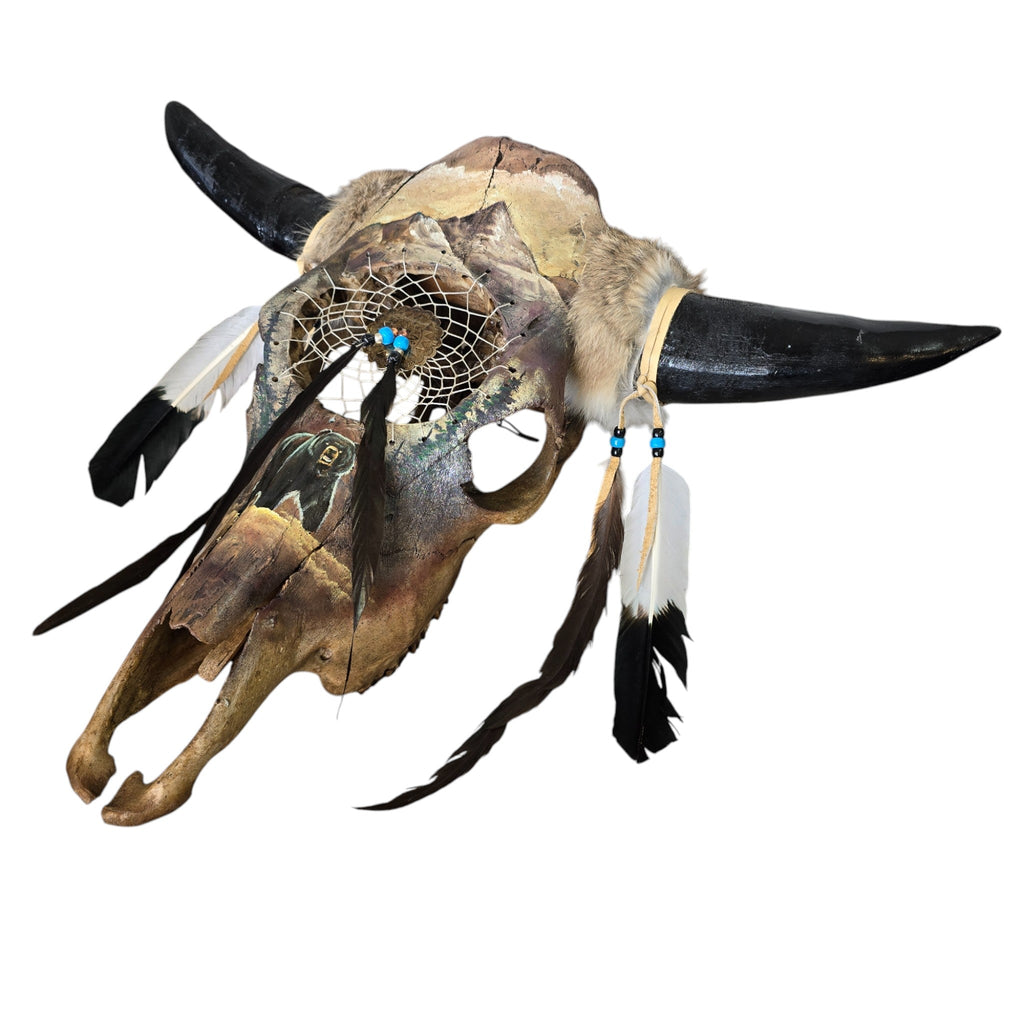 The Spirit of the Bear; Hand Painted Cow Skull Featuring a Bear and Interwoven Dream Catcher