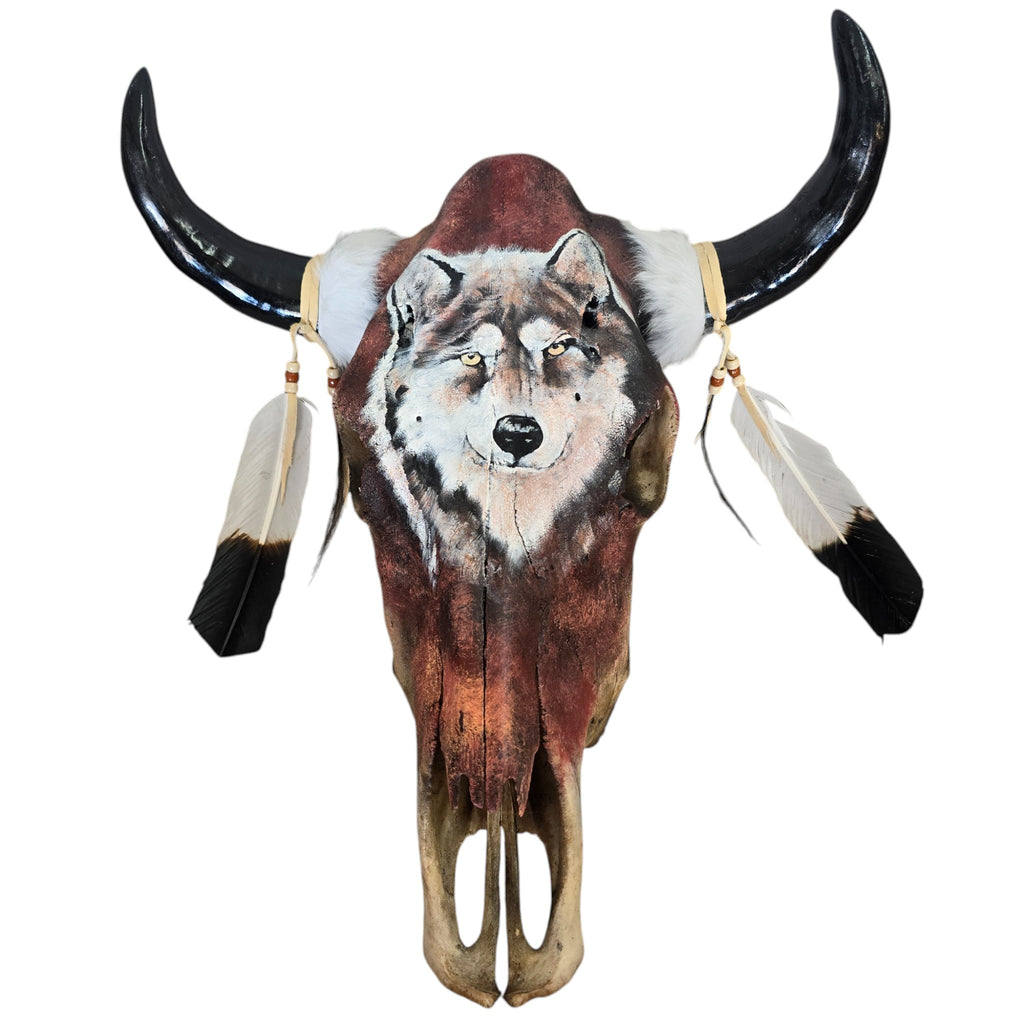 Standing Watch; Hand Painted Cow Skull Featuring A Gray Wolf