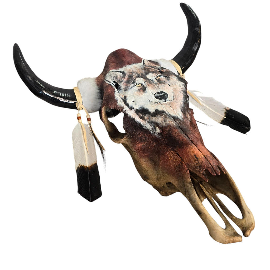 Standing Watch; Hand Painted Cow Skull Featuring A Gray Wolf