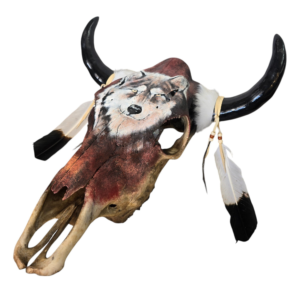 Standing Watch; Hand Painted Cow Skull Featuring A Gray Wolf