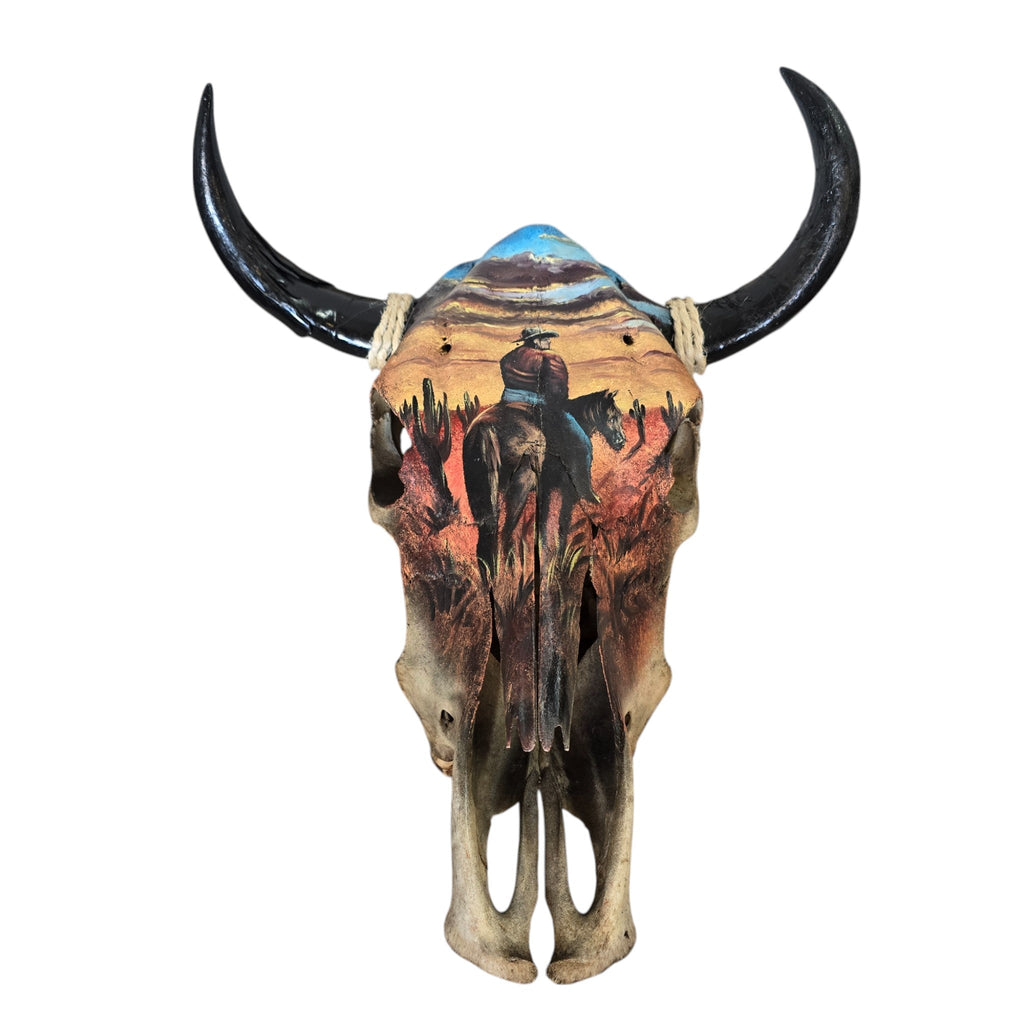 Sunset Cowboy; Hand Painted Cow Skull