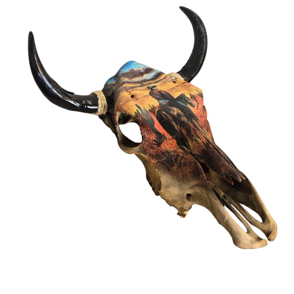 Sunset Cowboy; Hand Painted Cow Skull