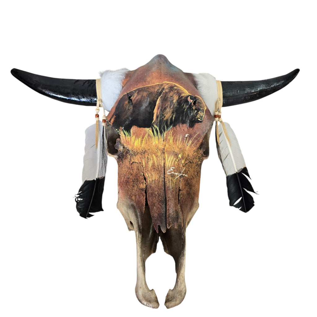 Buffalo on the Prairie; Hand Painted Cow Skull