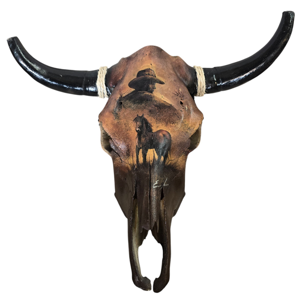One Last Ride; Hand Painted Cow Skull Featuring a Cowboy and his Horse