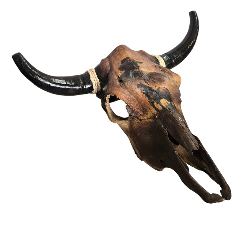 One Last Ride; Hand Painted Cow Skull Featuring a Cowboy and his Horse