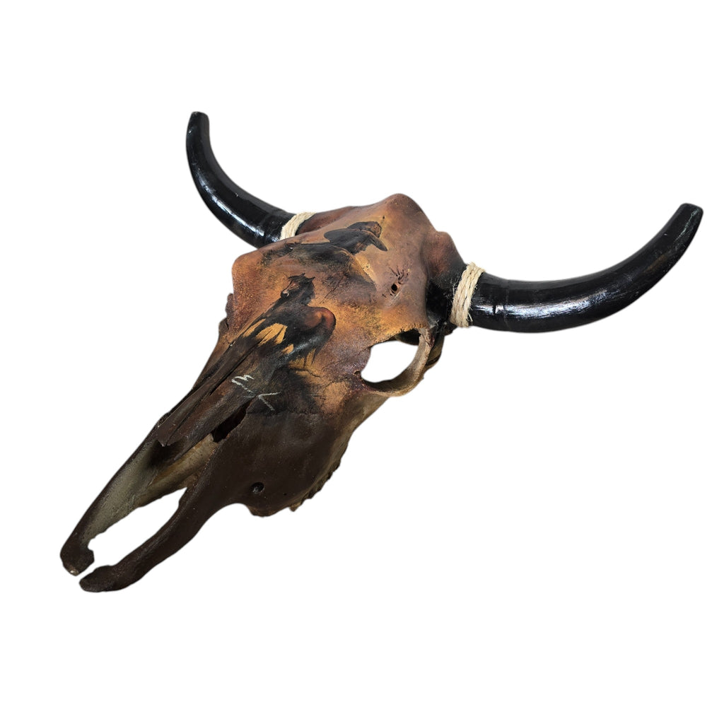 One Last Ride; Hand Painted Cow Skull Featuring a Cowboy and his Horse