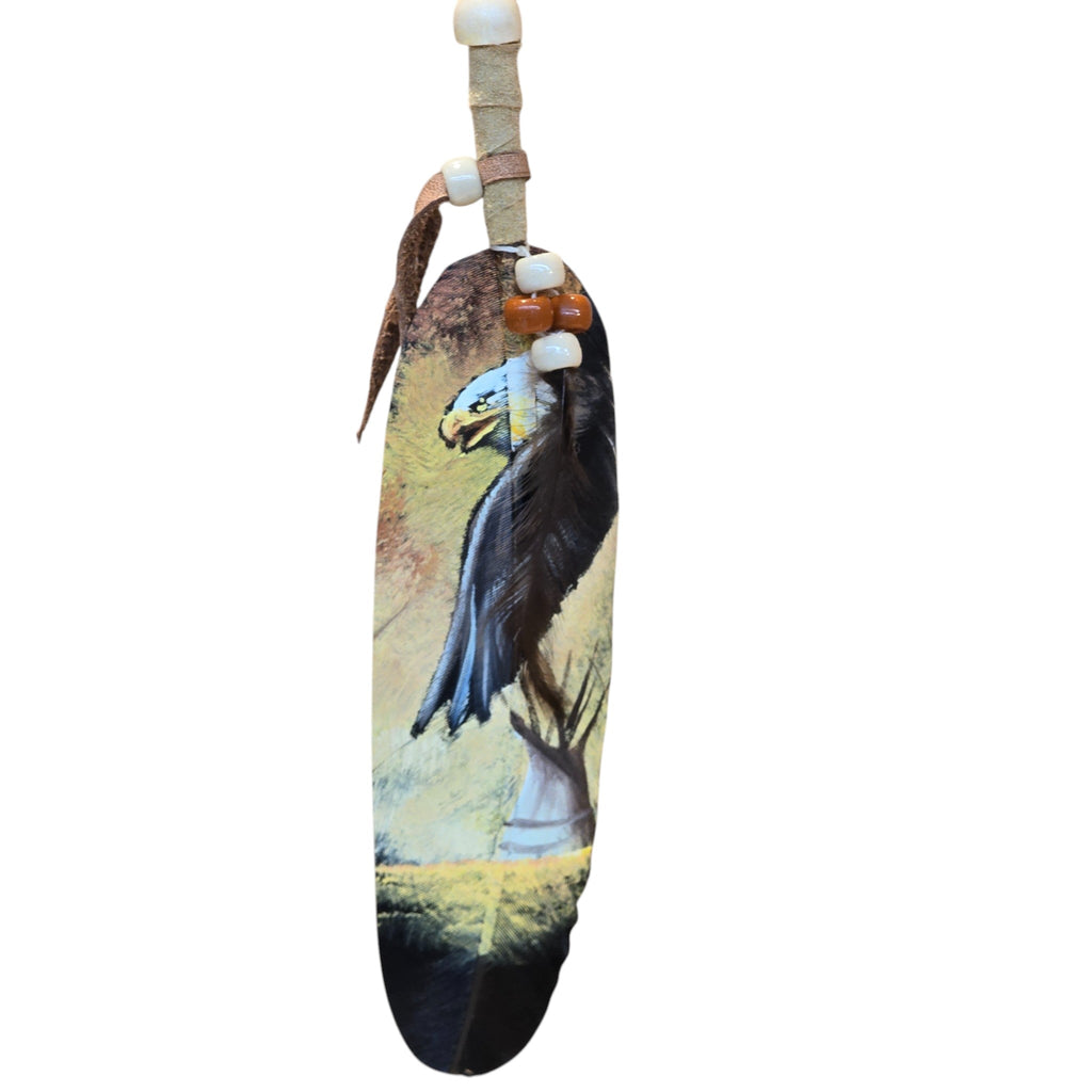Hand Painted Feather, Featuring a Bald Eagle & Teepee.  Piece has a Certificate of Authenticity