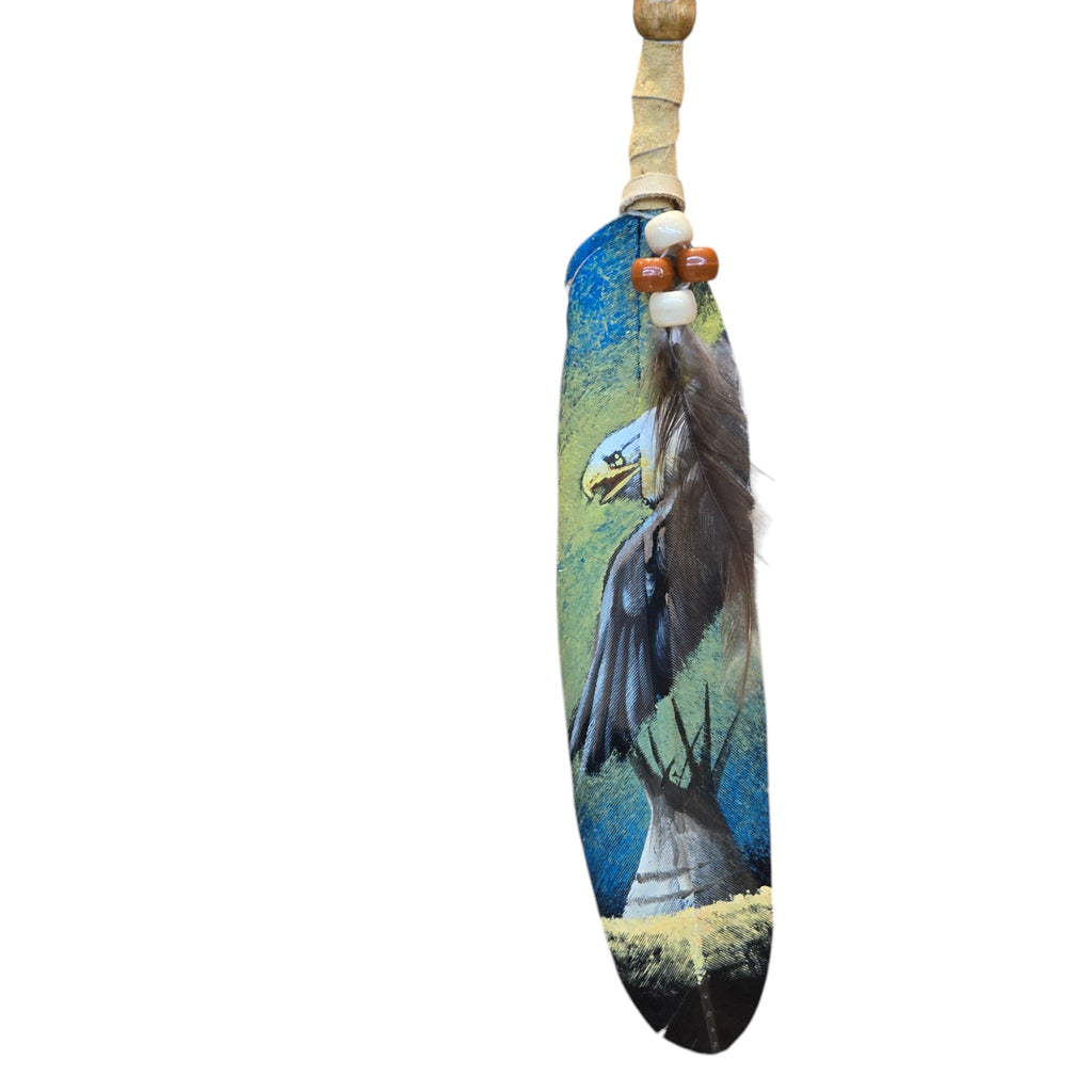 Hand Painted Feather, Featuring an Eagle Soaring Over a Teepee.  Piece has a Certificate of Authenticity
