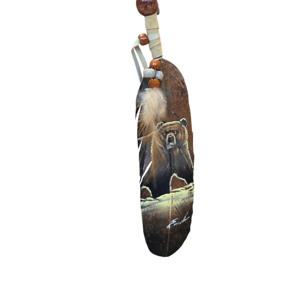 Hand Painted Feather, Featuring a Grizzly Bear.  Piece has a Certificate of Authenticity