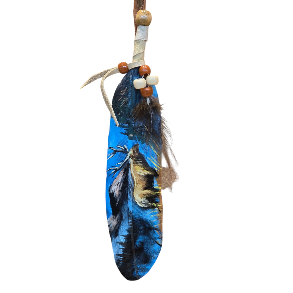 Hand Painted Feather, Featuring a Bull Elk.  Piece has a Certificate of Authenticity