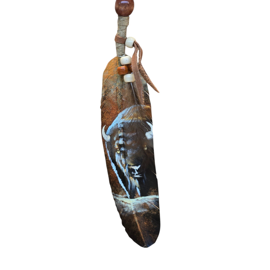 Hand Painted Feather, Featuring a Bison Bull.  Piece has a Certificate of Authenticity