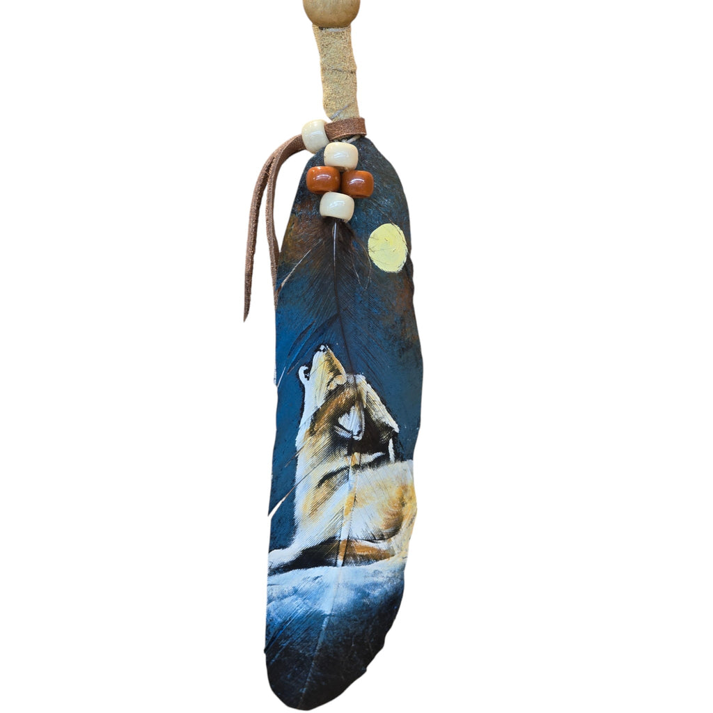 Hand Painted Feather, Featuring a Howling Wolf.  Piece has a Certificate of Authenticity