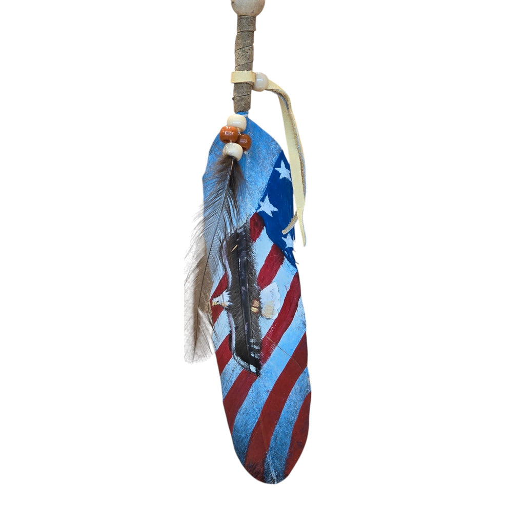 Hand Painted Feather, Featuring a Bald Eagle and American Flag.  Piece has a Certificate of Authenticity