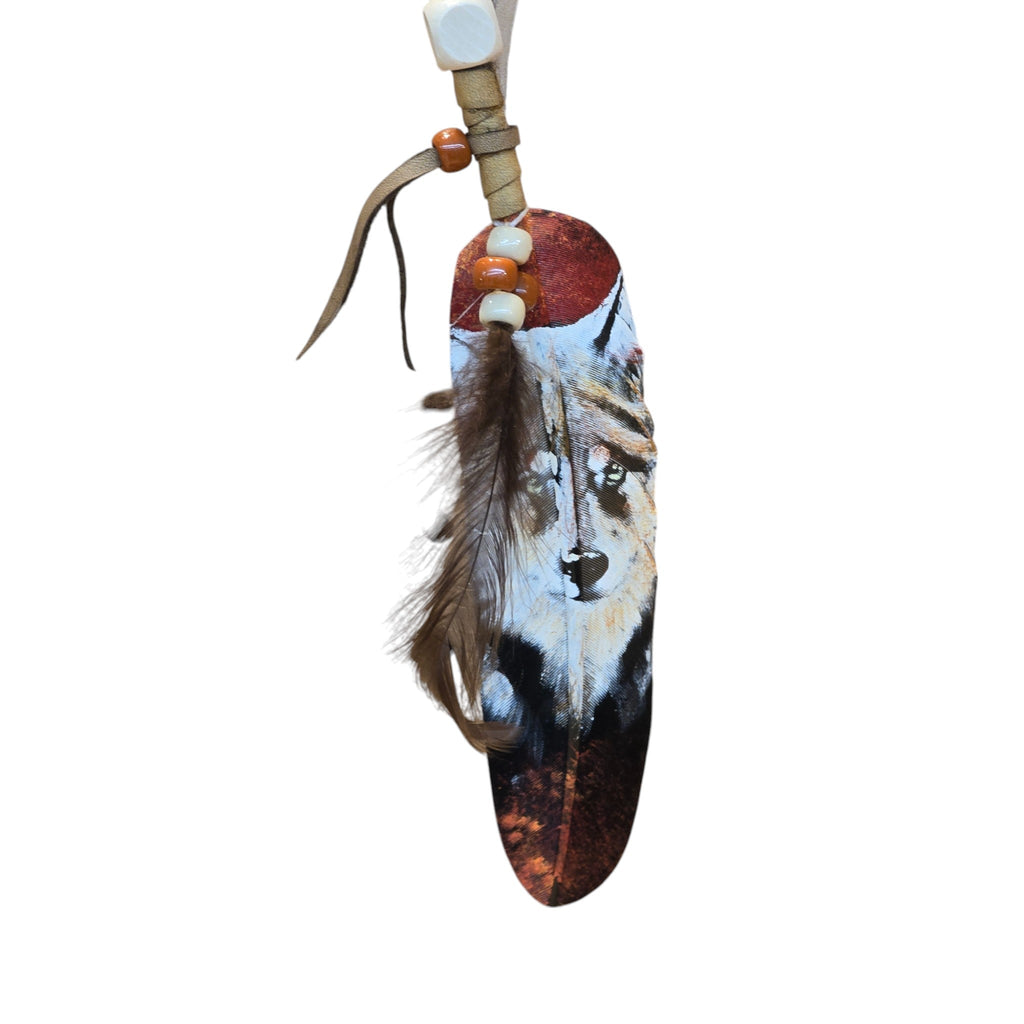 Hand Painted Feather, Featuring a Bold Wolf Face.  Piece has a Certificate of Authenticity