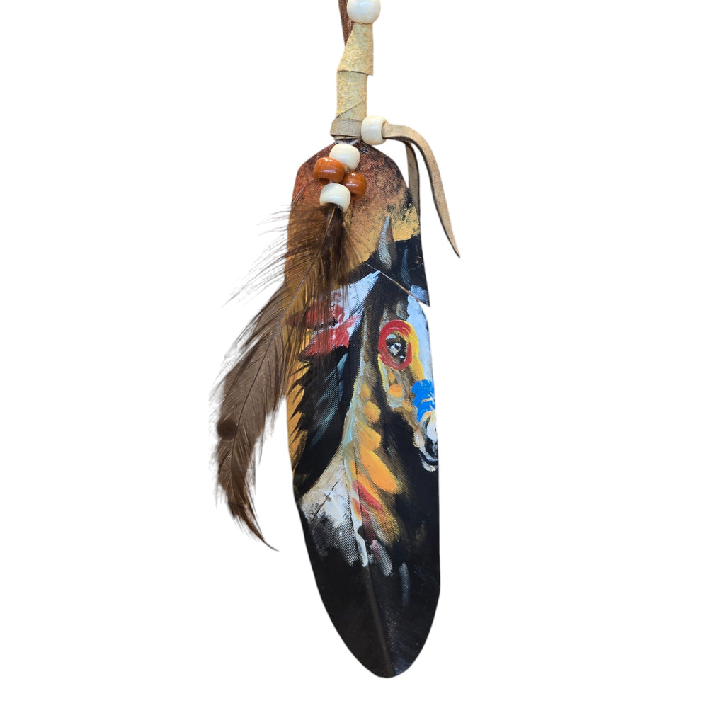 Hand Painted Feather, Featuring a War Horse.  Piece has a Certificate of Authenticity